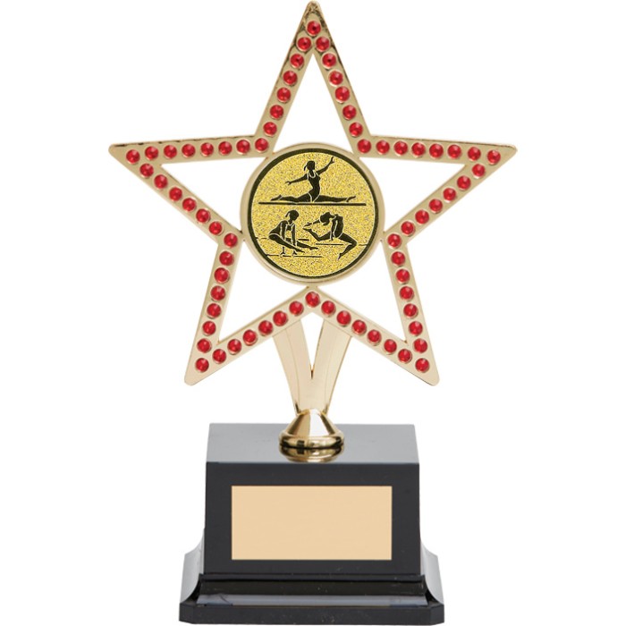 10'' GOLD METAL STAR GYMNASTICS TROPHY WITH RED GEMSTONES - CHOICE OF CENTRE 10'' GOLD METAL STAR GYMNASTICS TROPHY WITH RED GEMSTONES - CHOICE OF CENTRE